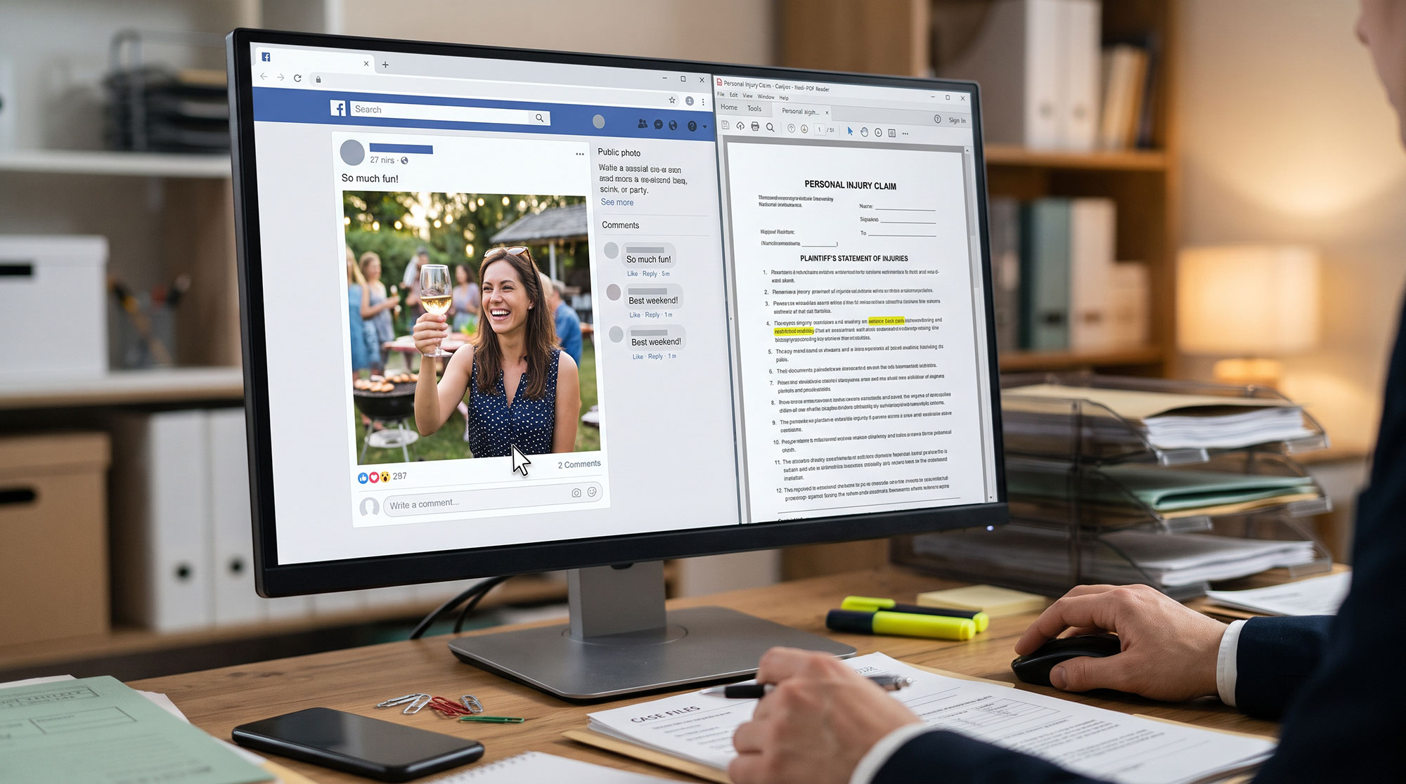 Abogado que analiza publicaciones en redes sociales para la defensa en casos de lesiones
