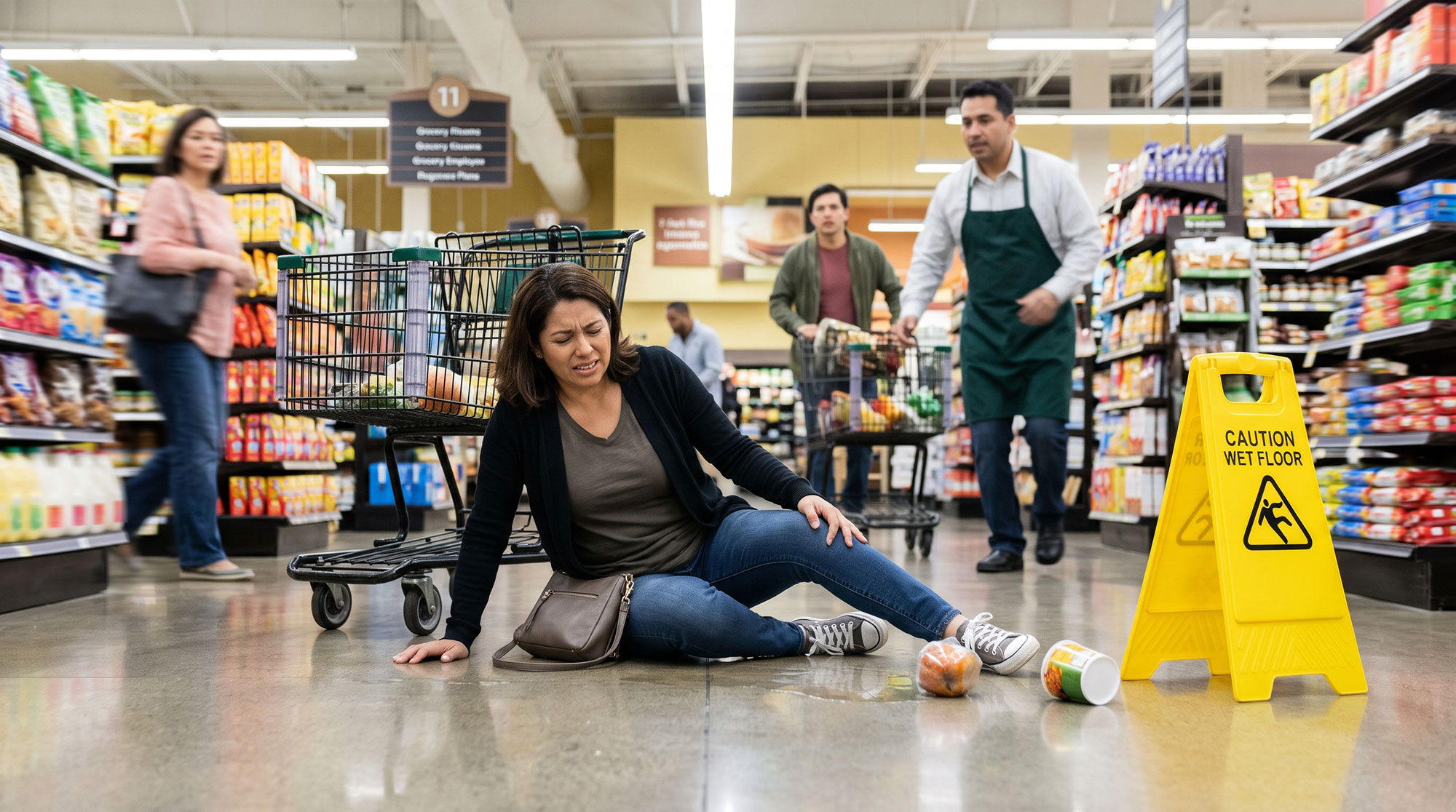 Mujer que resbaló y cayó en un supermercado