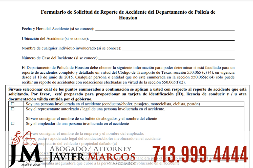 Reporte de policia despues de un accidente | Abogado Javier Marcos | 713.999.4444