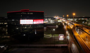 drone view of Abogado Javier Marcos at night