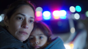 Mujer hispana y niño tras accidente automovilístico