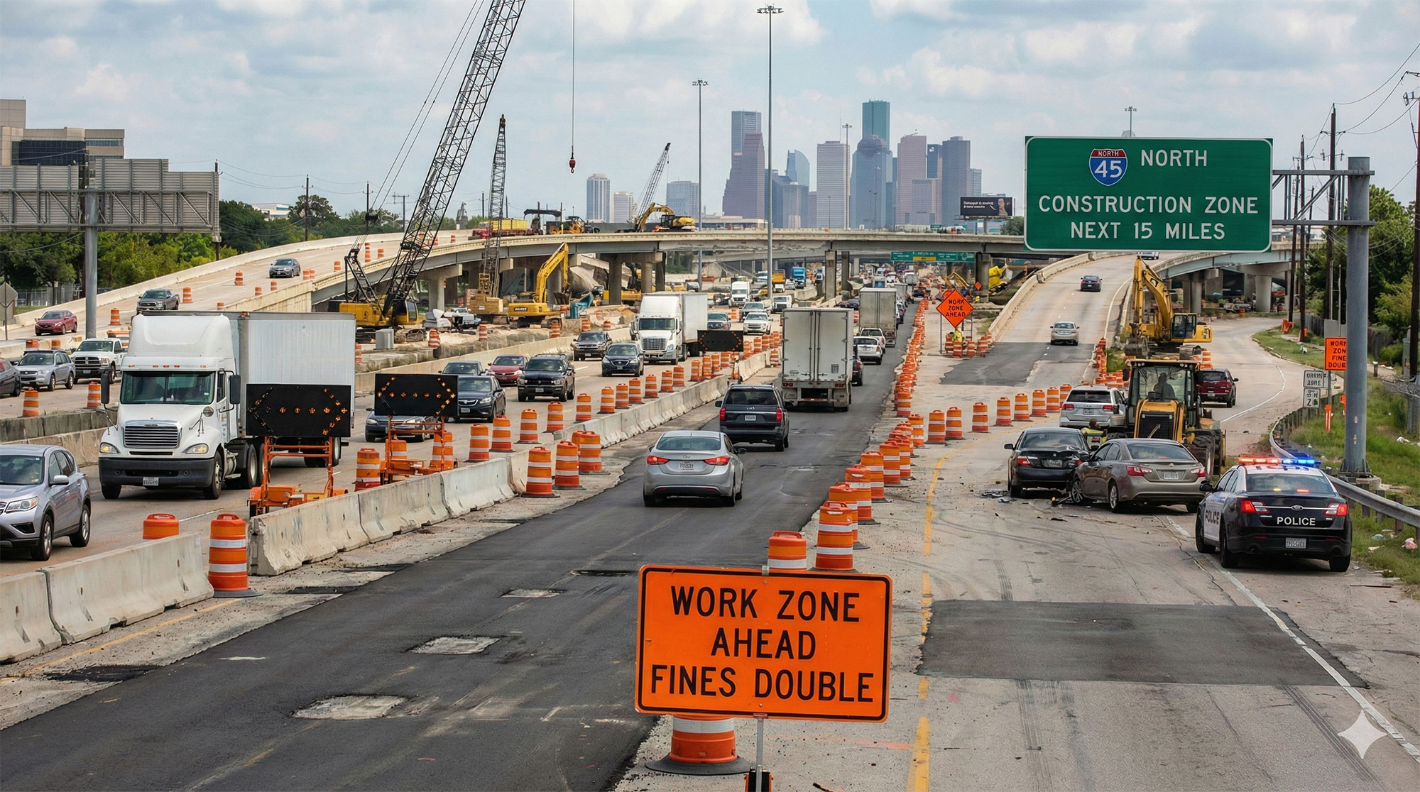 Navegando la Construcción de la Autopista I-45 Norte: Consejos Legales Tras un Accidente en Zona de Obras