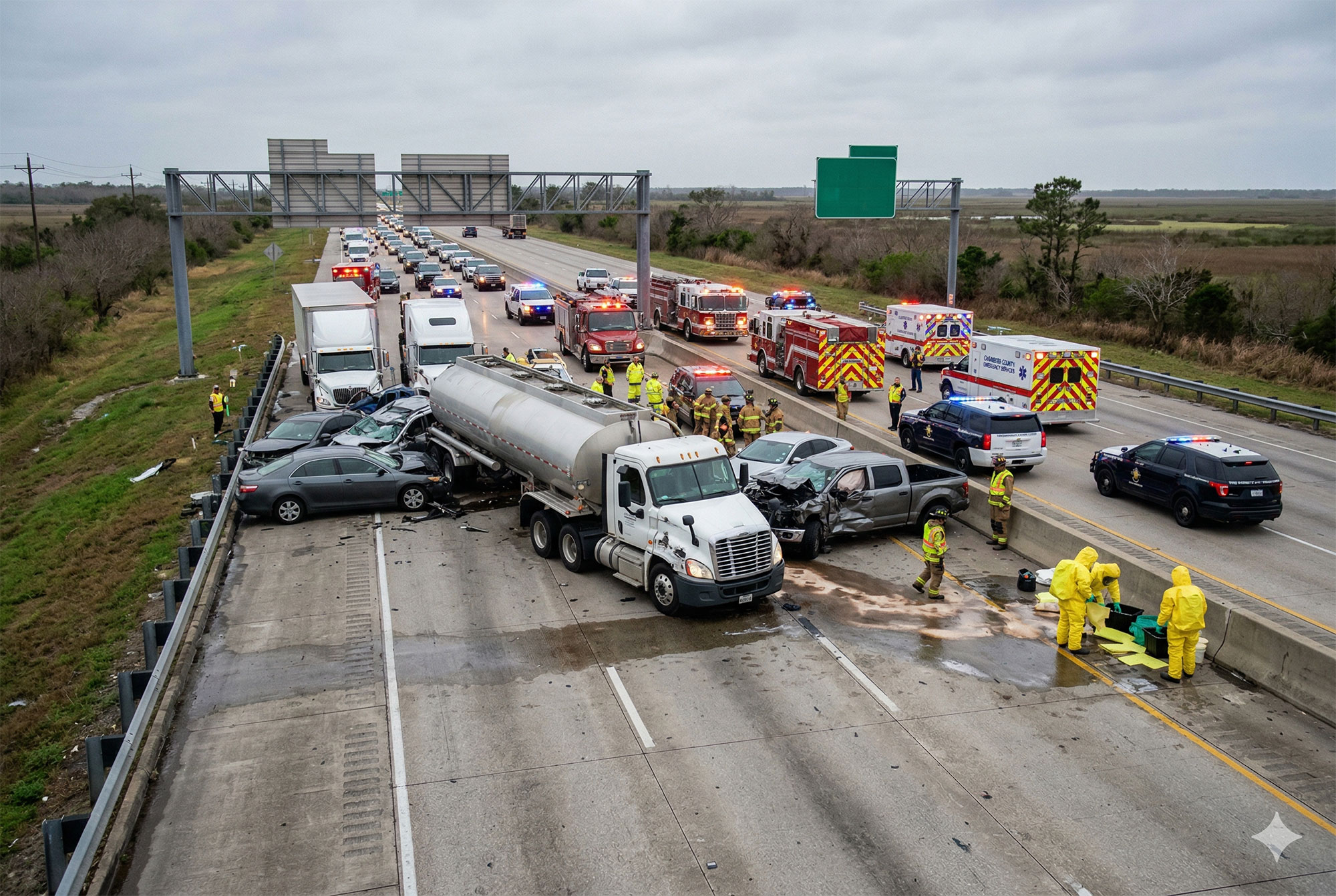 El Choque en Cadena de la I-10 en el Condado de Chambers: Responsabilidad en Accidentes de Camiones Cisterna de Varios Vehículos